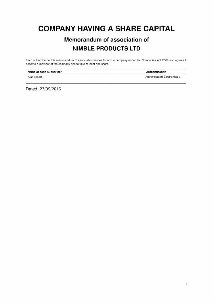 Upper portion of the memorandum of association for NIMBLE PRODUCTS LTD, headed Company Having a Share Capital.