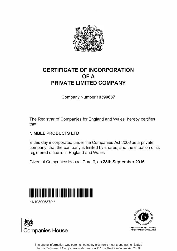 Incorporation certificate document for Nimble Products Ltd